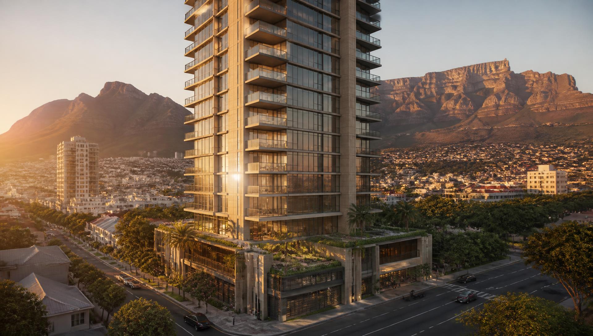 Luxury residential tower render in Cape Town with Table Mountain behind
