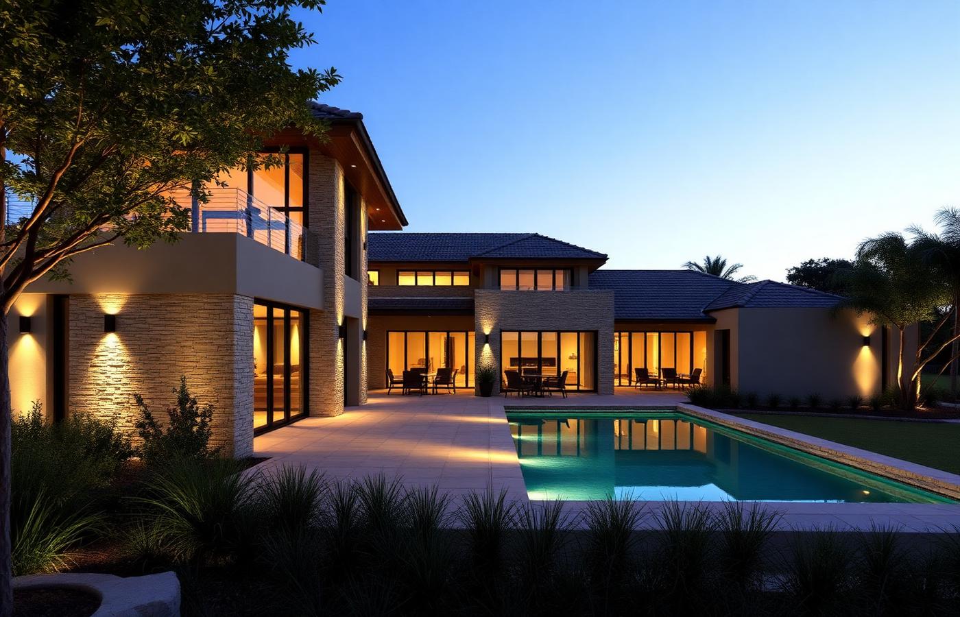 Contemporary standalone villa in a South African estate at dusk